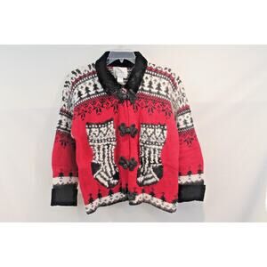 Sequel Holiday Cardigan Sweater sizeM Red Black Velour Trim Chinese Knot Buttons